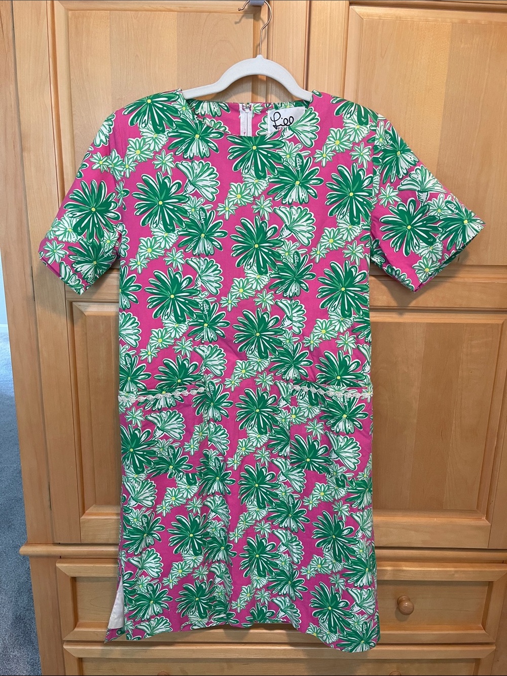 Vintage Lilly Pulitzer Daisy Floral Print Shift Dress Sz 8 White Tag Lace Pocket